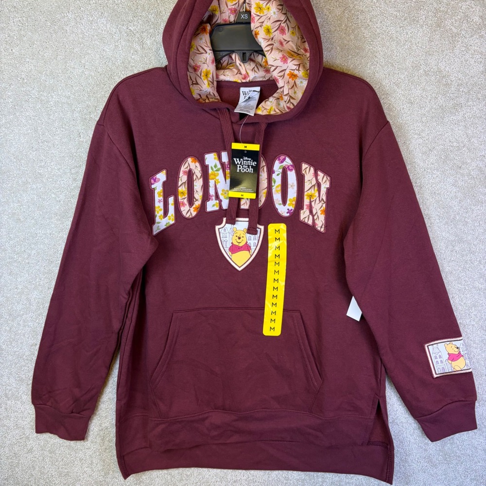 Disney Winnie The Pooh Hoodie Women Medium Burgundy London Floral Sweatshirt NEW
